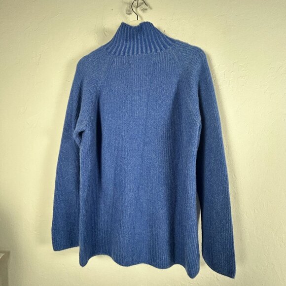 The Elder Statesman Womens Blue Cashmere Ribbed 1/4 Zip Mock Neck Sweater Large - Picture 2 of 8